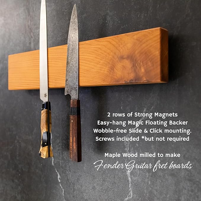 360KnifeBlock BAR XL - 4”x26” Guitar Wood, verticle hang wall mount knife BAR - integrated level, marine grade metal clips, two 2” wall screws - Guitar Wood 26"