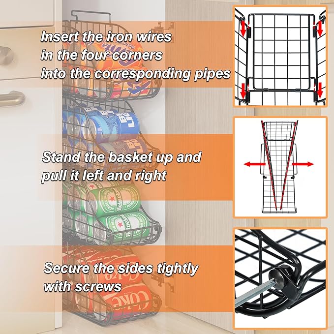 Standing Can Dispenser Bin 3-Pack, Stackable Beverage Drink Pop Soda Can Storage Organizer Basket with Handles, Foldable Canned Food Holder for Kitchen Pantry Countertop Cabinet Patent Pending