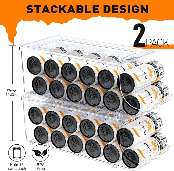 2 Pack Skinny Can Organizer for Refrigerator, Stackable Tall Skinny Soda Pop Can Holder Dispenser with Lid for Fridge Pantry Rack Freezer, Clear Plastic Storage Bins-Holds 12 Slim Cans Each