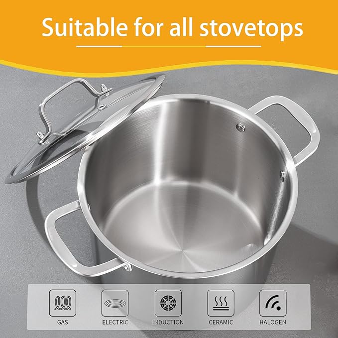12-QT Stock Pot with Lid, Tri-Ply Stainless Steel for High Heat, Crock for Simmering, Clear Glass Lid, Double Handles, Dishwasher Safe