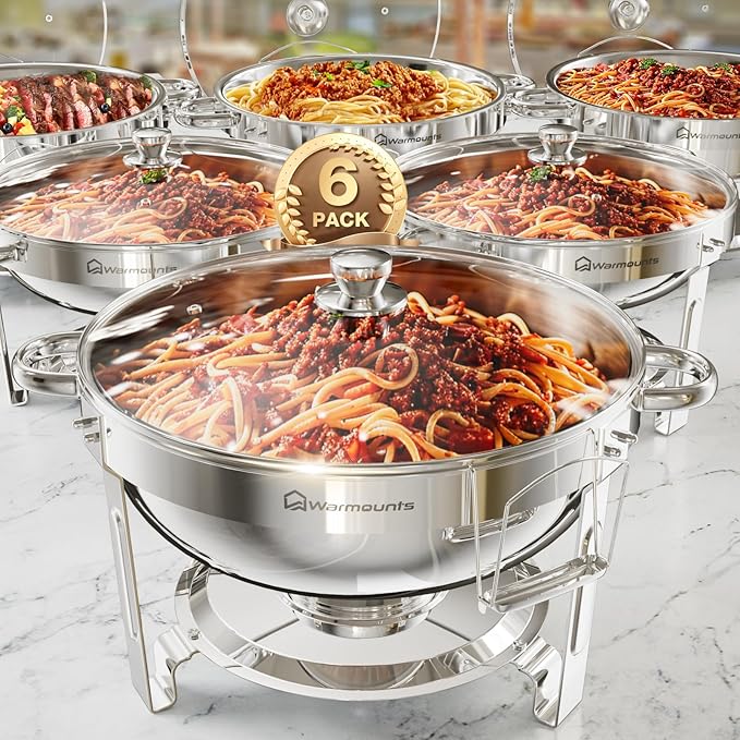 Round Chafing Dishes for Buffet with Glass Lid (5QT, 6 Pack), Chafers and Buffet Warmers Set with Mirror-Polished Stainless Steel, Rolled Rim, Stackable, Lid Holder for Parties, Catering
