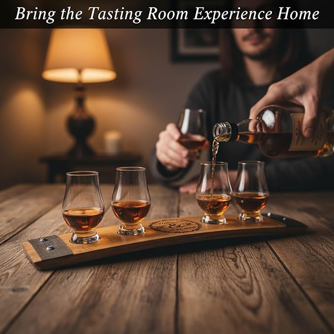 Personalized Premium 4 Glass Whiskey Flight/Engraved Center/Personalized Gift/Crystal Glass Option/Natural Oak Color (Wedding/Anniversay)