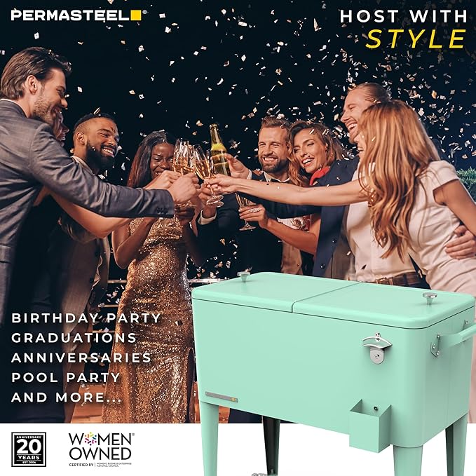 Permasteel 80 Quart Party Cooler, Rolling Ice Chest with Wheels and Handles for Indoor Outdoor Patio