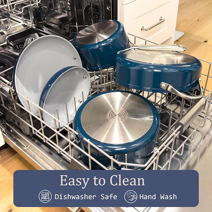 3.5qt Nonstick Ceramic Sauce Pan with Lid (8.19") Even Heat Distribution, Non Toxic & PFAS Free Healthy Cooking Pot for All Stovetops (Induction/Gas/Electric), Oven Safe 500°F, Navy Blue