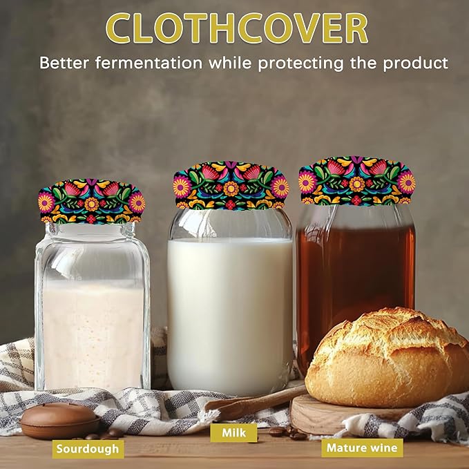 Colorful Floral Mexican Sourdough Jar Cover Reusable Cloth Lid for Sour Dough Starter Jar,5 Pack Bread Fermentation Container Tops Elastic Fabric Caps