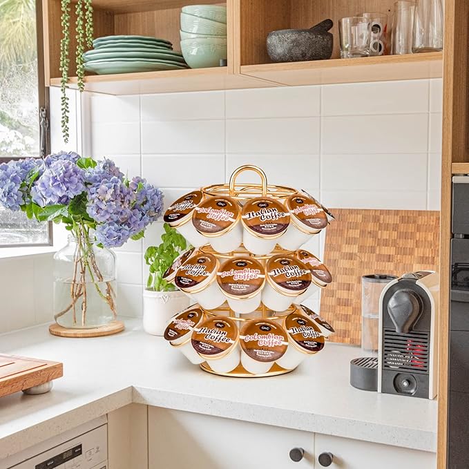 Coffee Pod Holder, K Cup Holders Carousel Organizer ,27 Coffee Pods Storage Compatible with K Cups, Spins 360-Degrees, Modern Gold Design ，Round,Shining Gold,3 Tier Home or Office Kitchen Counter Organizer