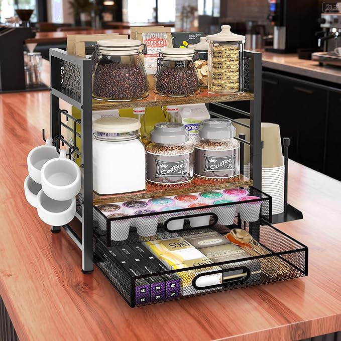 Coffee Bar Organizer - 4 Tier Coffee Station Organizer for Countertop, Coffee Bar Storage with 4 Hooks, with K Cup Storage Drawer and Cup Holder, Multifunctional Shelf for Accessories Kitchen