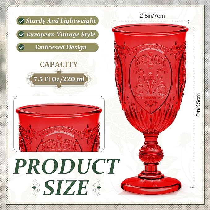 24 Pcs Plastic Goblets 7.5oz Vintage Goblet Plastic Wine Glasses Colored Retro Embossed Water Goblets for Wine Bar Juice Baby Shower Wedding Reception Grand Event Party (Red)