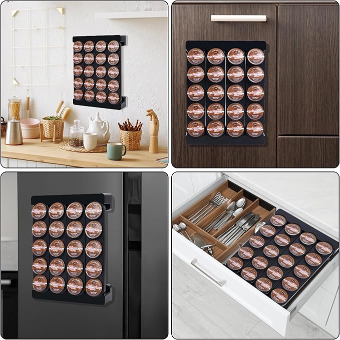 Wall Mounted Coffee Pod Holder, Holds 20 K Cup Coffee Capsules, for Wall Countertop Drawer, Black
