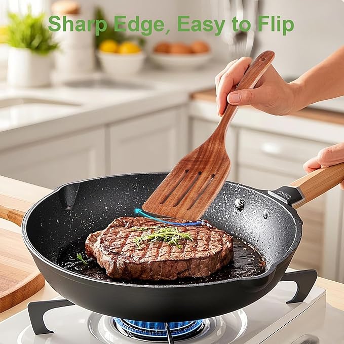 2 Pack Wooden Spatula, Acacia Wood Long Handle Flat Frying Turner, Handmade wooden spoons for cooking, Kitchen Utensil set, Non-Stick Cooking Spurtle Utensils for kitchen use