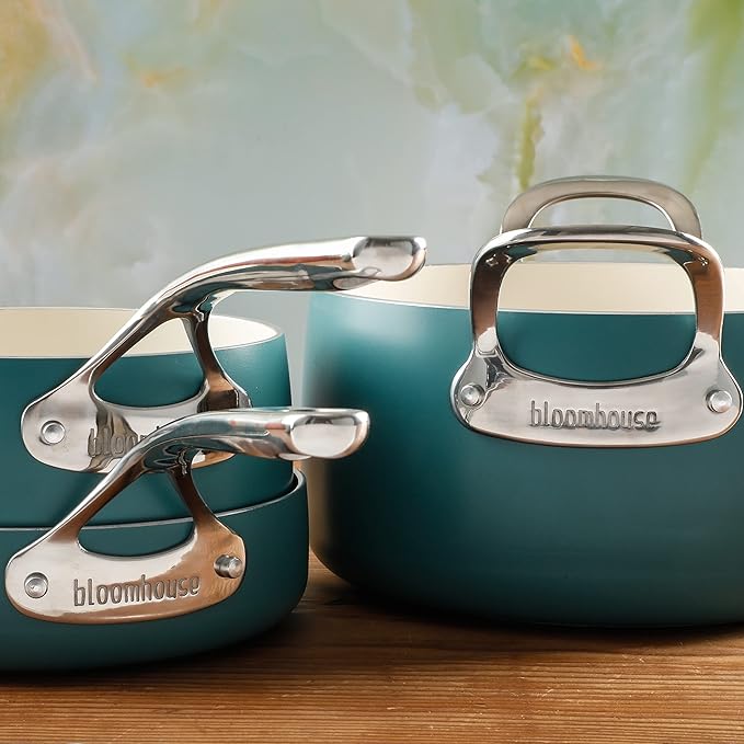 Bloomhouse 12 Piece Aluminum Pots and Pans Cookware Set w/Non-toxic Ceramic Non-stick, Ceramic Steamer Insert, & 12 Protective Care Bags - Agave Blue