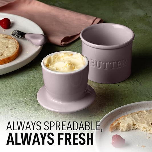 Zulay Kitchen Porcelain Butter Crock With Lid & Knife - Authentic French Butter Dish For Fresh & Spreadable Butter - Violet Dusk