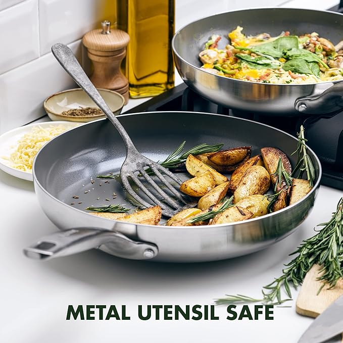 GreenPan Chatham Tri-Ply Stainless Steel 12 Piece Cookware Pots and Pans Set, PFOA and PFAS-Free, Multi Clad, Induction, Fry Saute Sauce Pans, Stock Pot, Dishwasher Safe, Oven & Broiler Safe, Silver