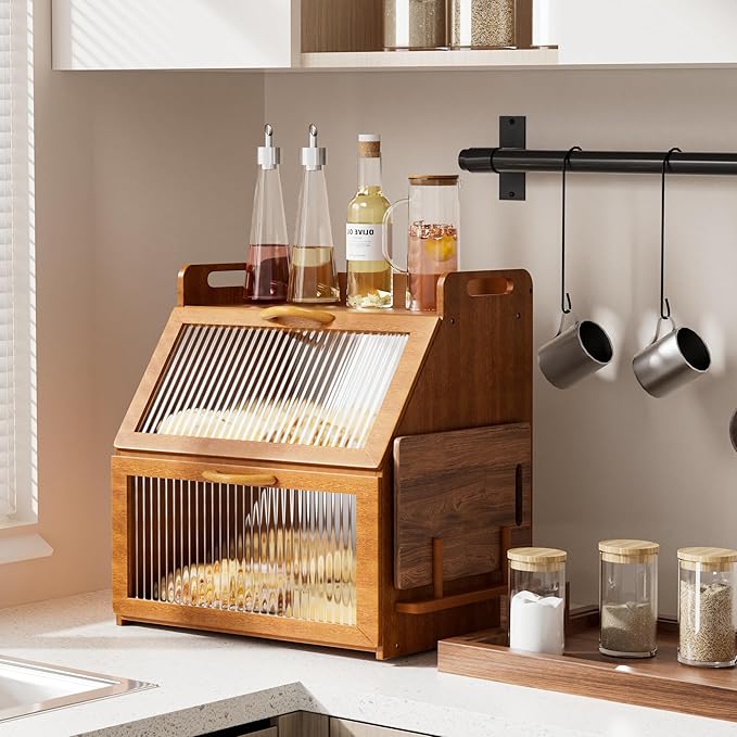 Bread Box for Kitchen Countertop, Large Bread Storage Container for Homemade Bread, Vintage Wooden Farmhouse Breadbox Organizers, Double Layer Bread Bin with Acrylic Window Bread Holder