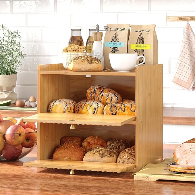 Rustic Bread Box for Kitchen Countertop Bamboo Bread Storage Container Bin Double Layer BreadBox Farmhouse Large Capacity Food Organizer (Natural Bamboo)