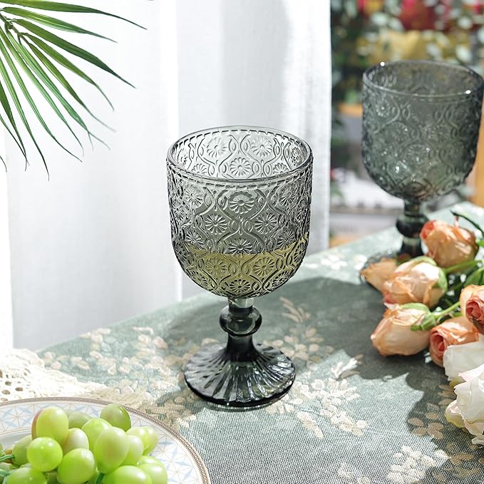 Joeyan Vintage Glass Wine Goblet,Embossed Floral Stemmed Wine Glasses,Colored Drinking Cups,Heavy-Duty Glassware for Wedding Party Bar,Multicolor,12 oz,Set of 4,Dishwasher Safe