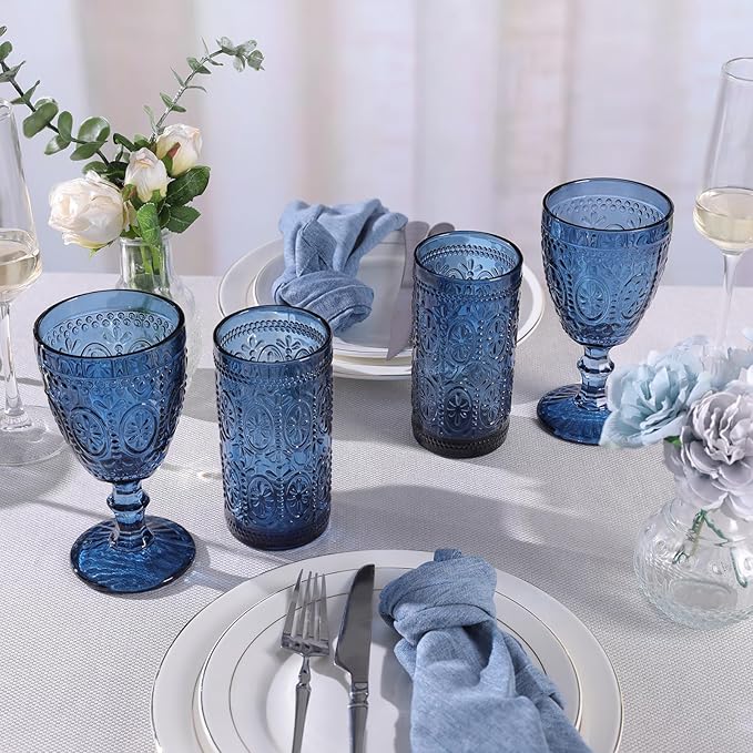 Blue Wine Glasses set of 4, Blue Goblets, Vintage Drinking Glassware, Colored Glassware Set for Party Home Wedding Baby Shower