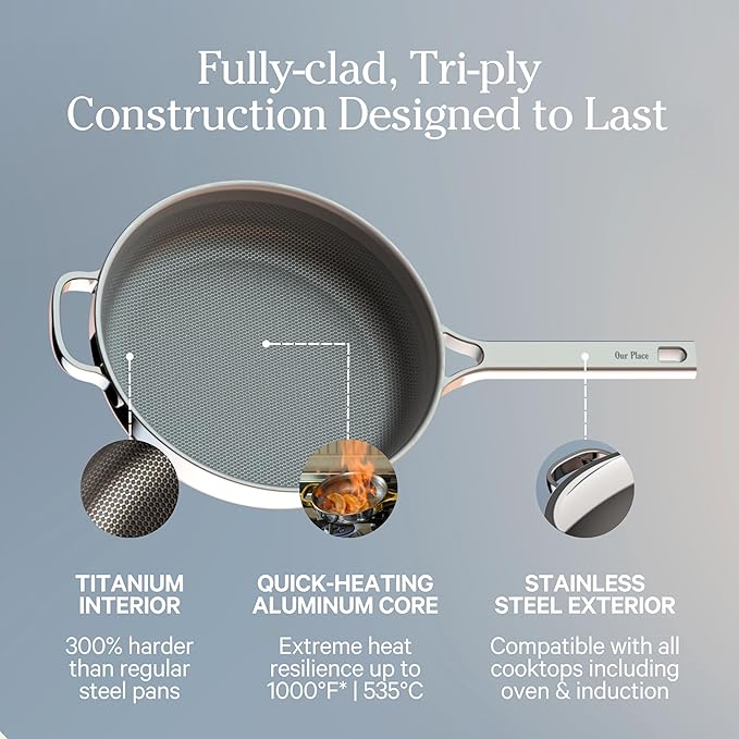 Our Place Titanium Large Always Pan Pro - 12.5” (4.2 Qt) No-Coating Nonstick Skillet | Tri-Ply Titanium & Stainless Steel | Safe for Oven, Induction & Cooktops up to 1000°F | Includes Spatula | Chrome