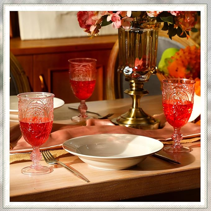 60 Pack Plastic Goblets 10oz Upgrade Vintage Water Goblet Plastic Wine Glasses Colored Retro Embossed Glassware for Party Wine Bar Juice Baby Shower Wedding Reception Grand (Pink)