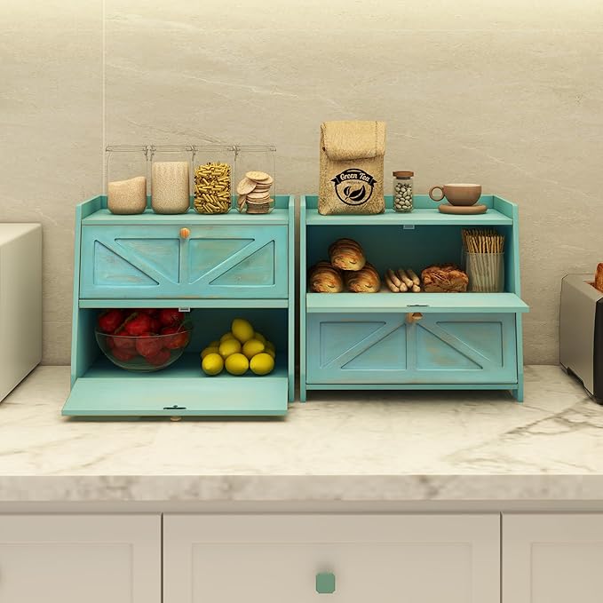Vintage Double Layer Bread Box for Kitchen Counter Bamboo Bread Storage Container Large Capacity Bread Storage Bin (Antique Blue)