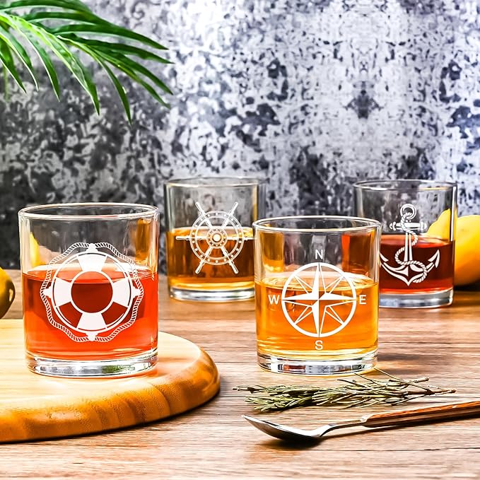 Futtumy Set of 4 Boat Whiskey Glass, Boating Gifts for Men, Nautical Gifts for Boat Lovers Owners Sailors, Anchor Compass Helm Life Ring Rock Glass for Birthday Christmas, 10oz