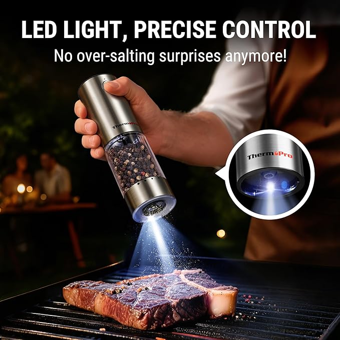 ThermoPro 110ml Electric Salt and Pepper Grinder Set Rechargeable, Automatic Pepper Grinder Shakers with External Adjustment, Refillable Pepper Mill Set with Dust Cover & LED light, Stainless Steel