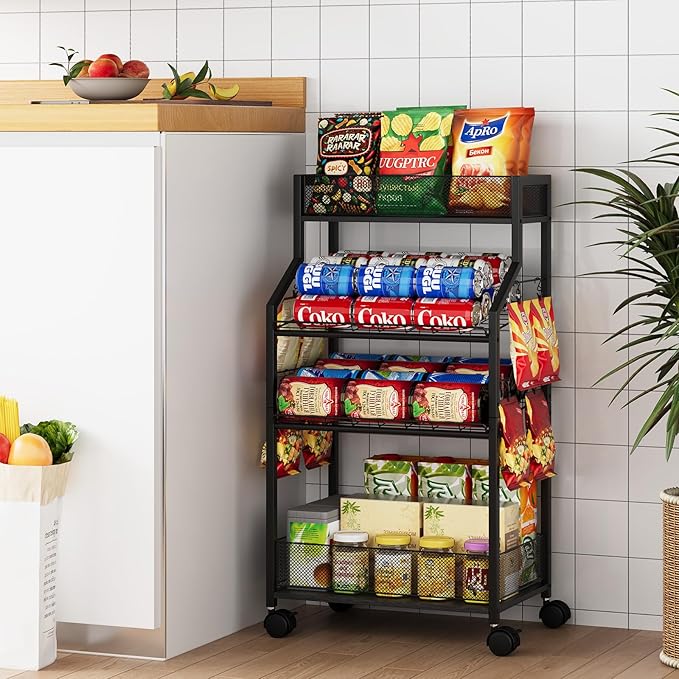 Can Organizer for Pantry - Rolling Snack Cart, Multi-Layer Soda Can Organizer for Pantry, Mobile Beverage Storage Rack with Wheels, Versatile Metal Shelf for Kitchen and Office, Black