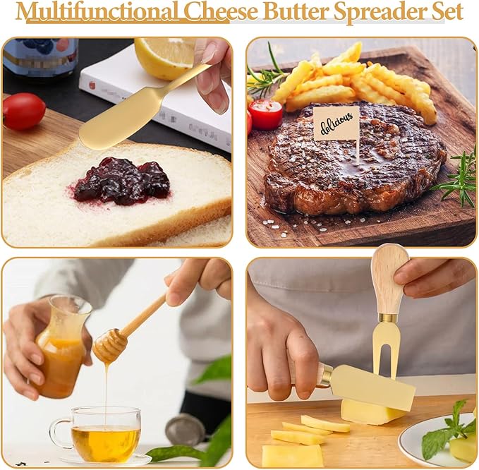 48Pcs Charcuterie Boards Accessories Gold Charcuterie Utensils Butter Spreader Knives Set Stainless Steel Cheese Mini Serving Tongs Spoons Forks Dipping Bowls Toothpick Flags Utensil for Pastry Making