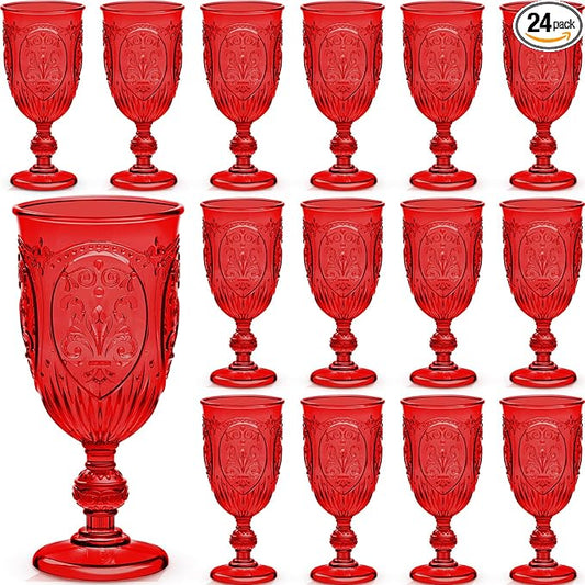 24 Pcs Plastic Goblets 7.5oz Vintage Goblet Plastic Wine Glasses Colored Retro Embossed Water Goblets for Wine Bar Juice Baby Shower Wedding Reception Grand Event Party (Red)