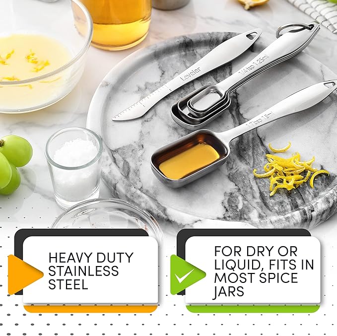 Spring Chef Stainless Steel Measuring Spoons Set of 6 with Leveler, Rectangular Metal Teaspoon & Tablespoon Measuring Spoons for Dry & Liquid Ingredients - Nesting Kitchen Gadgets For Baking & Cooking