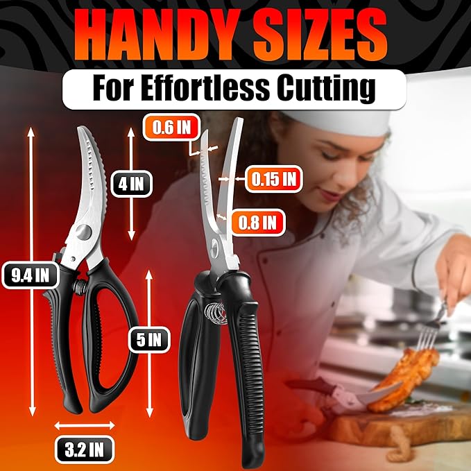 Chicken Shears – Stainless Steel Heavy Duty Poultry Shears | Meat, Vegetables, Seafood | Fish Scale Remover & Bone Scissors | Non-Slip Serrated Saw-Like Edge, Safety Lock & Spring-Loaded Mechanism