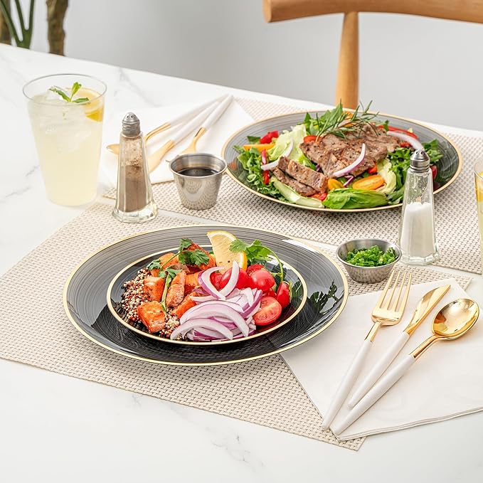 Restaurantware Plastic Plates 200 Pcs 7.13" and 10" Combo Gold Rimmed Plate Set Disposable Heavy-Duty Black Translucent Rippled Plastic Dinner Servers for Party, Weddings, Salads, Desserts