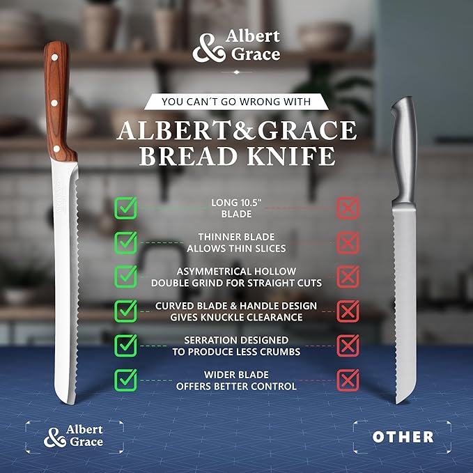 Albert&Grace 10.5-Inch Ultra Sharp Serrated Bread Slicer Knife Less Crumbs Knife for Homemade Bread, Bagels, Sourdough, and Soft Produce