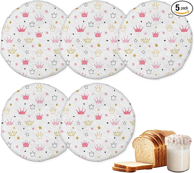Pink Crowns and Stars Sourdough Jar Cover Reusable Cloth Lid for Sour Dough Starter Jar,5 Pack Bread Fermentation Container Tops Elastic Fabric Caps