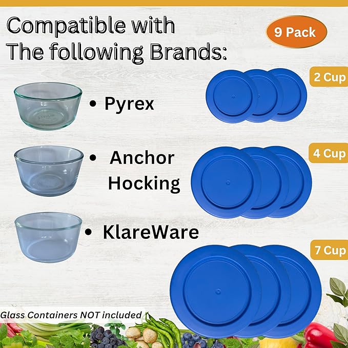2, 4 & 7 Cup Blue Replacement Lids/Covers for Pyrex, Anchor Hocking & KlareWare Storage Bowls *Lids Only Glass Container Not Included* (9 Pack *Three of Each Size*)