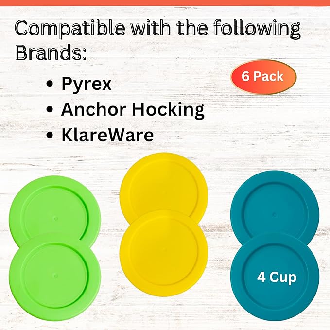 4 Cup/950 mL Turquoise Yellow Spring Green Replacement Lids/Covers for Pyrex 7201-PC, 32oz Anchor Hocking & KlareWare Storage Bowls *Lids Only Glass Container Not Included* (6 Pack, Turq/Y/Spring Grn)