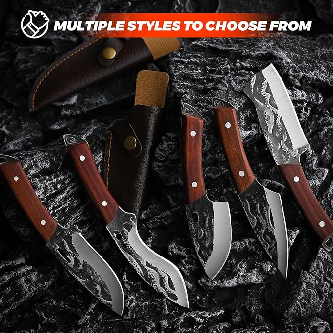 Hand-Forged Kitchen Knife, 5-Piece Professional Chef Knife Set, Outdoor, BBQ Meat Cleaver Cooking, Forged Kitchen Knives with High-Carbon Stainless Steel Cutlery and Leather Sheath.