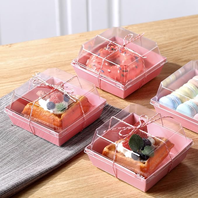 Ctosree 100 Pcs Paper Charcuterie Boxes with Clear Lids 4.5 Inches Disposable Cake Square Dessert Container Bakery Boxes Bundle with Rope for Food Cake Slice Cookie Sandwich Dessert(Pink)