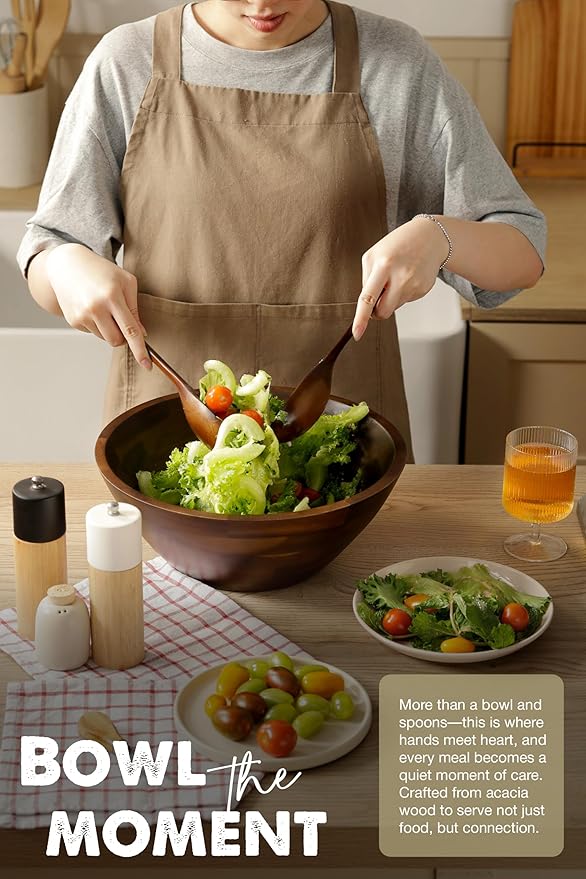 Acacia Wood Salad Bowl Set with Spoon, Fork - Large Salad Bowl with Serving Utensils - Big Mixing Bowl (12.2" Diameter x 4.75" Height) (Walnut Color)