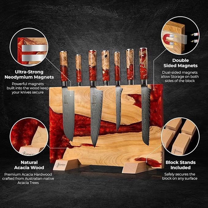 SENKEN "Red Tsunami" Extra Large Magnetic Knife Block - Holds Up to 16 Knives - Knife Block without Knives, Universal Knife Holder, Beautiful Red Resin & Natural Wood Blend ("Crimson" Red Resin Blend)