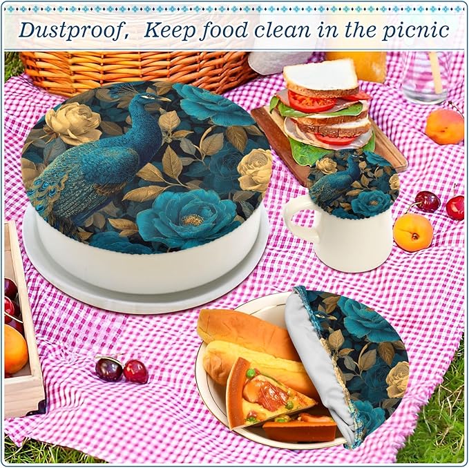 5 Pcs Bowl Covers Reusable in 5 Size Elastic Food Cover Cloth Lids Fresh Keeping Dish Cookware Bakeware Fabric Covers Lids for Food Leftovers Fruits Storage Peacock and Teal Gold Roses