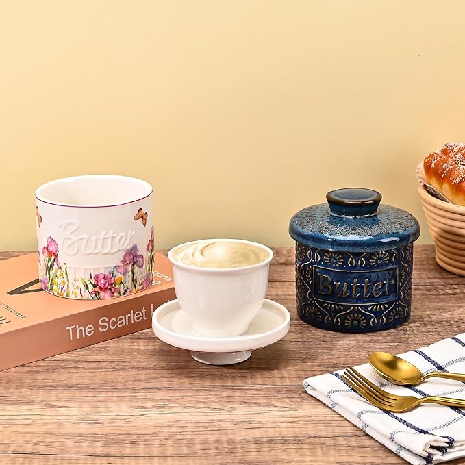 Ceramic Butter Crock With Water Line, Keeper for Counter, French Dish With Lid for Spreadable Fresh Butter (Spring Pink)