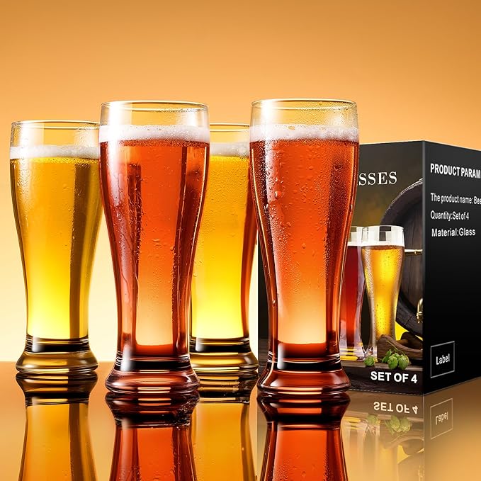 Beer Glasses Set of 4, 14 oz Pilsner Beer Pint Glasses, Classics Craft Wheat Beer Glasses Drinking Set, Beer Mug Glassware Gift for Men