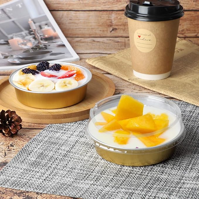 Beasea Disposable Pie Tins 4 Inch, 50 Pack Mini Tart Pans with Lids, 8 Oz Golden Aluminum Pie Pan Tin Tart Pans Round Oven Baking Mini Cake Pan for Pie Tart Quiche