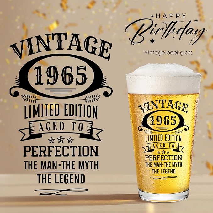 60th Birthday Gifts For Men 1965 Vintage Beer Glass 60 Year Old Birthday Decorations For Him 60th Bday Funny 60th Birthday Gifts Idea For Man Over 60 - Turning 60
