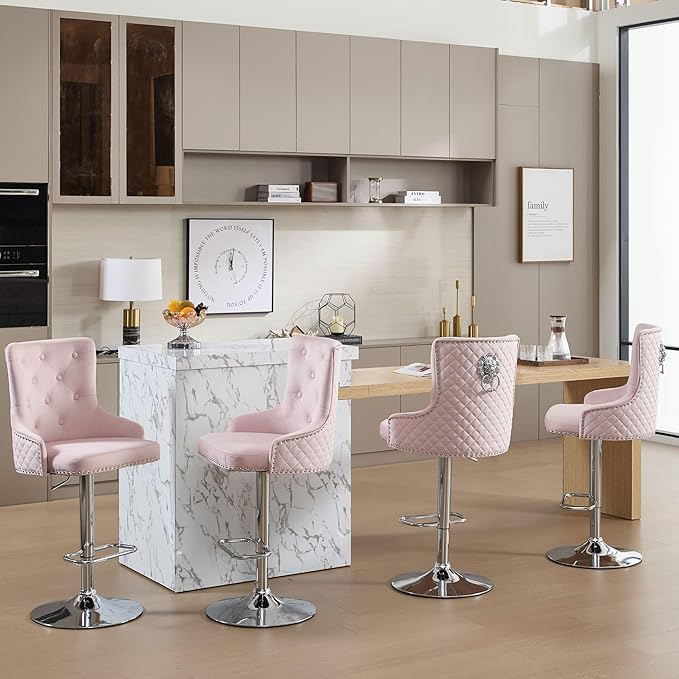Velvet Lion Bar Stools Set of 4, Modern Height Adjustable Swivel Barstools with Chrome Base, Tufted Counter Height Bar Stools Upholstered Bar Chairs for Kitchen Island, Dining Room, Pink