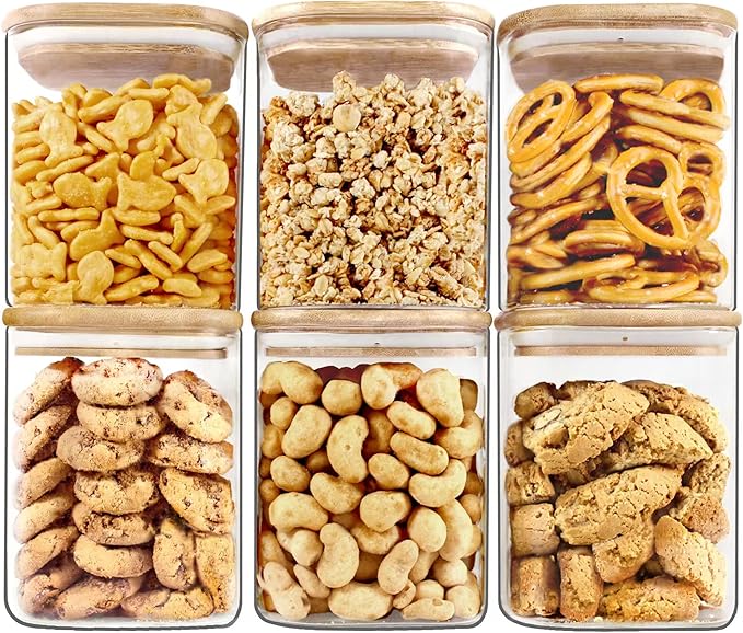 Urban Green Glass Jars with Bamboo Lids, Square Glass Jar with airtight lids, 6 pack of 28oz, Food Storage Containers with bamboo lids, Panty Jars