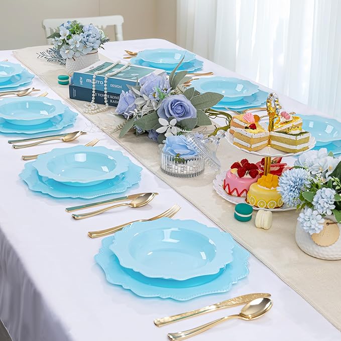 COLOSUS Light Blue Plastic Party Bowls (60 Pack) 12 Oz Disposable Soup/Salad Bowl, Fancy Shatterproof Dinnerware for Easter, Catering, Holidays, Weddings, and Everyday Use