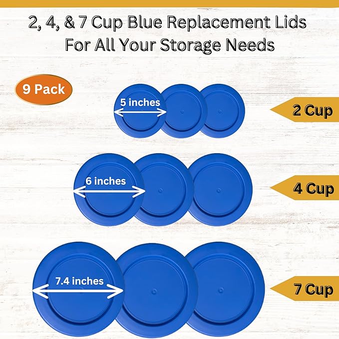 2, 4 & 7 Cup Blue Replacement Lids/Covers for Pyrex, Anchor Hocking & KlareWare Storage Bowls *Lids Only Glass Container Not Included* (9 Pack *Three of Each Size*)