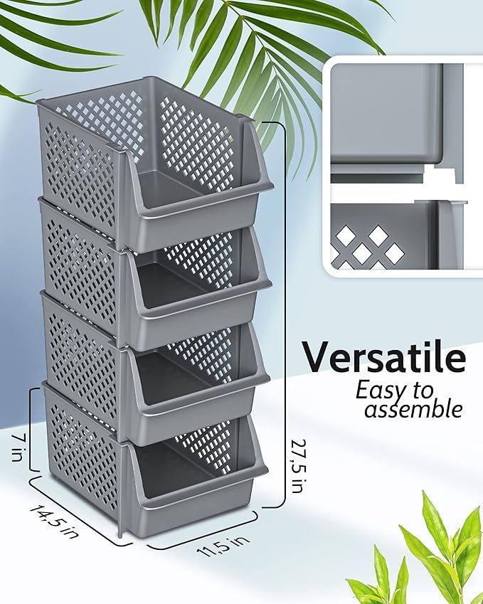 TidyFriend Stackable Storage Bins for Closet Organizers and Storage 4 Pack, Garage Storage Bin Stackable, Bathroom and Garage Organizer (Grey)